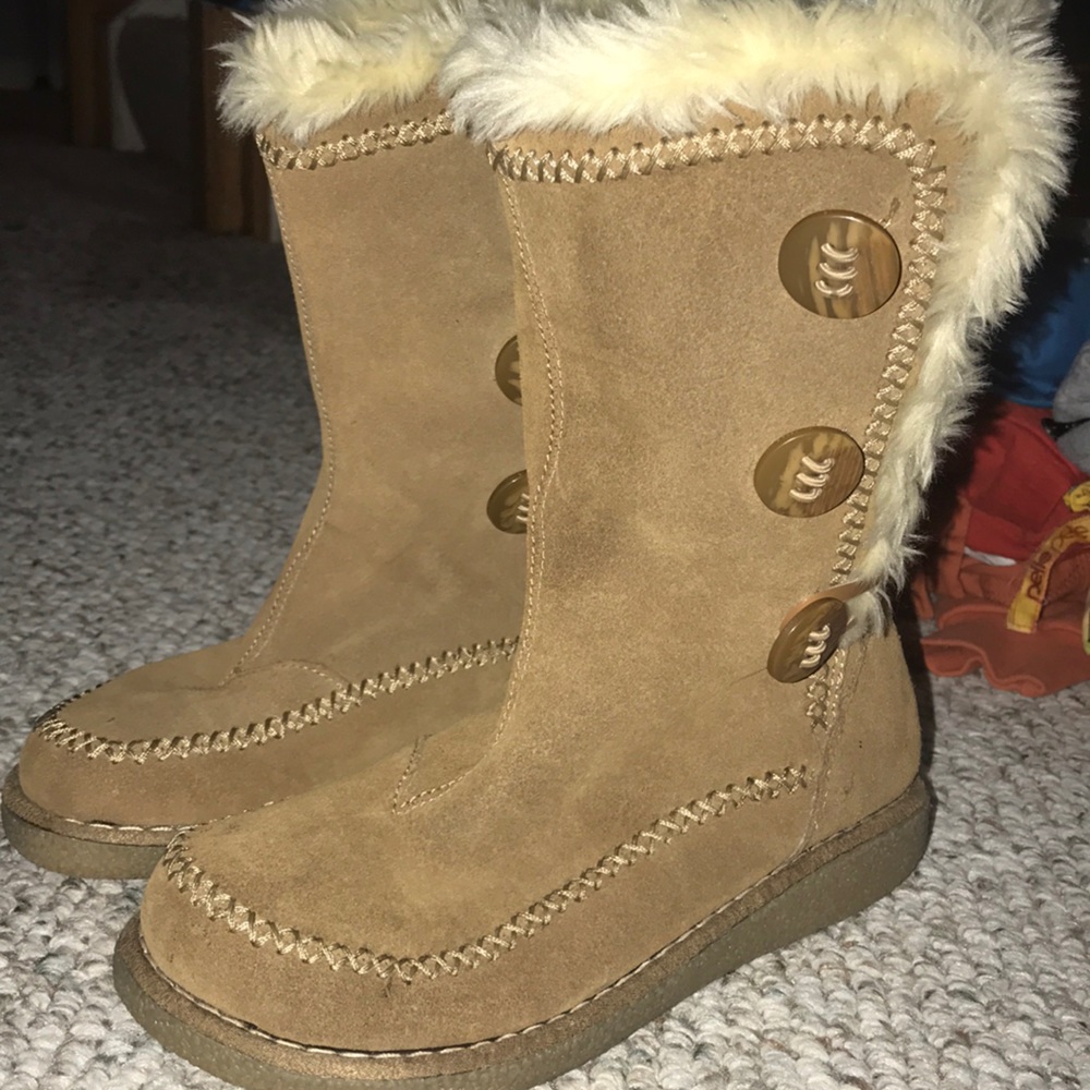 Fuzzy brown boots.